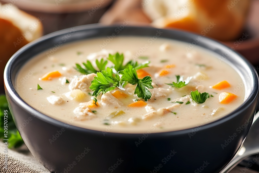 Steaming Bowl of Creamy Soup with Fresh Parsley and Crusty Bread Loaf Steaming Bowl of Creamy Soup with Fresh Parsley and Crusty Bread Loaf