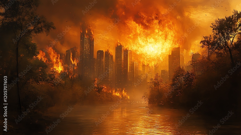 A digital illustration of a cit on fore, climate chamge and global warming concept A digital illustration of a cit on fore, climate chamge and global warming concept