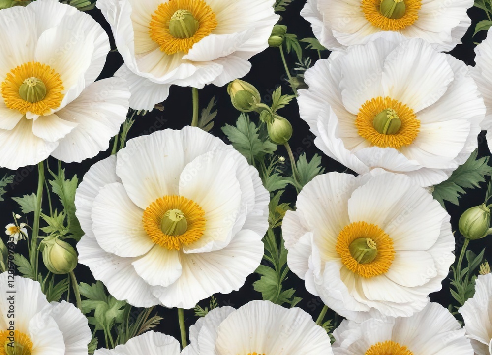 Obraz premium Elegant watercolor clipart of white poppy flowers with yellow centers, white, isolated, elegant, watercolor
