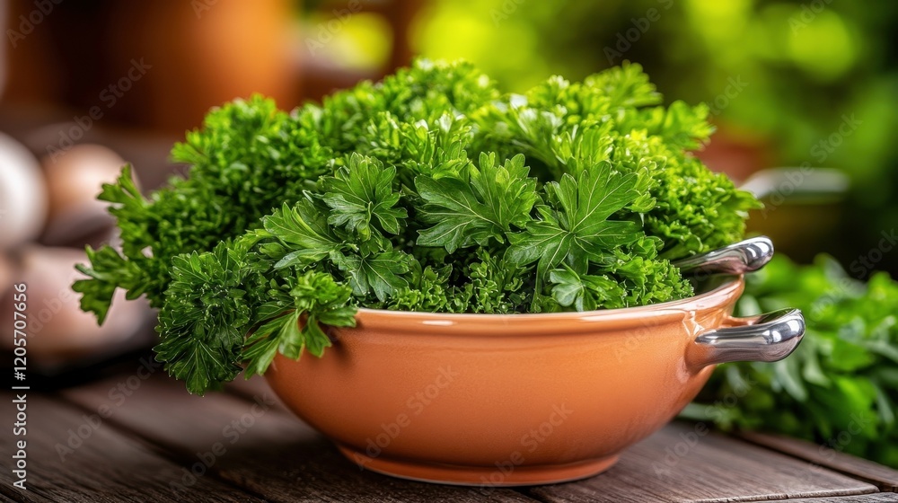 A bowl filled with fresh parsley leaves, ready for cooking, surrounded by other kitchen ingredients. A bowl filled with fresh parsley leaves, ready for cooking, surrounded by other kitchen ingredients.