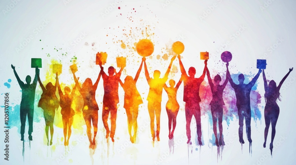 Colorful Silhouette of Celebrating Group with Art Splashes Colorful Silhouette of Celebrating Group with Art Splashes