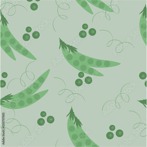 Seamless pattern with green peas and pea pods on a light gree background. Fresh vegetable-themed design featuring hand-drawn illustrations. Ideal for packaging, textile designs, kitchen-themed project