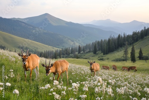 A picturesque valley in Yellowstone with rolling hills, scattered trees, and a herd of pronghorn antelope grazing peacefully