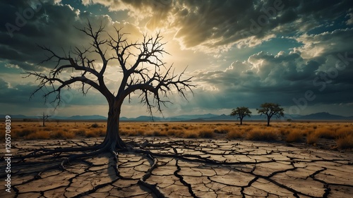 A lone tree standing tall in a cracked, dry field, symbolizing resilience, hope, and the fight against environmental challenges. photo