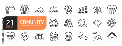 Set of line icons related to community, teamwork, networking, support and more. Outline icons collection. Editable stroke. Vector illustration.