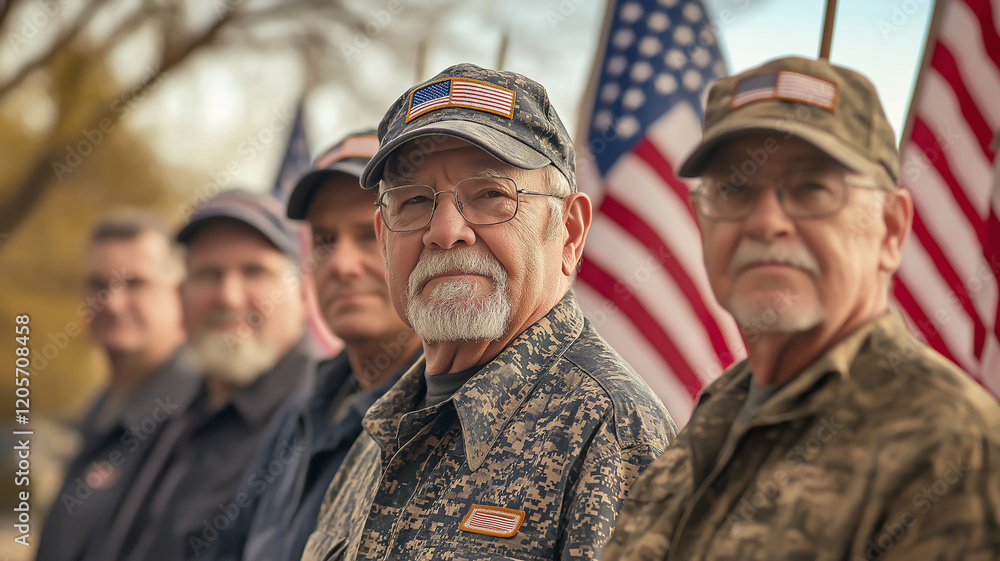 Fototapeta premium Photograph of a group of veterans standing proudly in front of a memorial, with American flags behind them on National Freedom Day