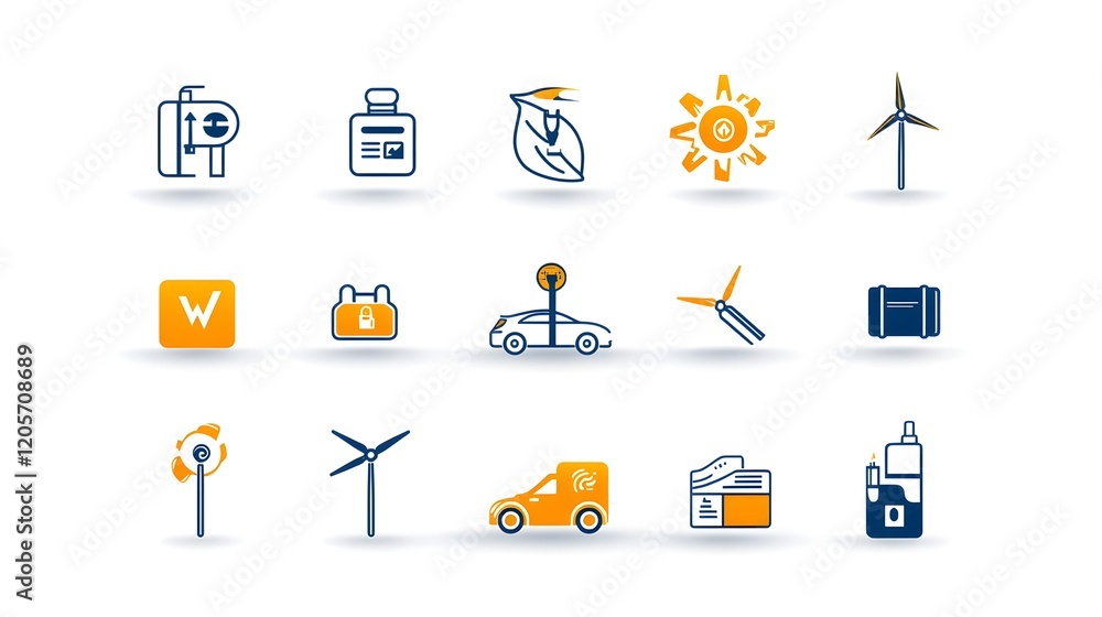 Comprehensive collection of clean energy icons featuring symbols for electric vehicle charging wind power and other sustainable technology solutions against a clean white background Comprehensive collection of clean energy icons featuring symbols for electric vehicle charging wind power and other sustainable technology solutions against a clean white background