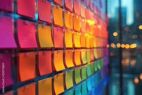 A Tapestry of Ideas: A vibrant wall of colorful sticky notes, radiating energy and potential.  Each note a piece of a larger puzzle, representing diverse thoughts and creative brainstorming.  photo