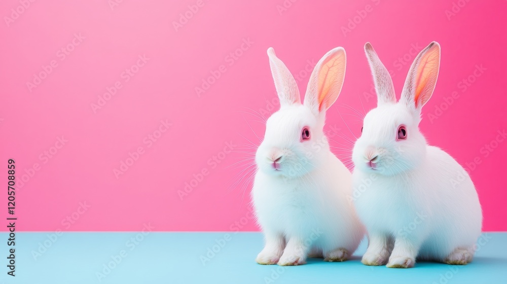 Two adorable white rabbits sitting side-by-side on a light blue surface against a pink backdrop in a studio environment Two adorable white rabbits sitting side-by-side on a light blue surface against a pink backdrop in a studio environment