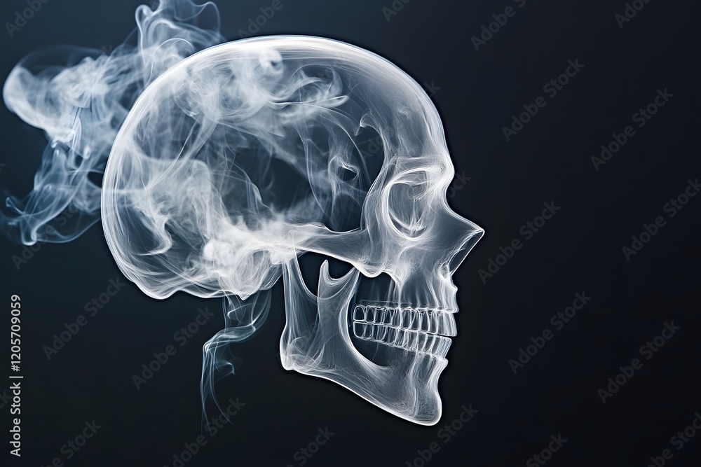 Ghostly Skull Formed by Ethereal Cigarette Smoke Swirling Against a Stark Black Background Ghostly Skull Formed by Ethereal Cigarette Smoke Swirling Against a Stark Black Background
