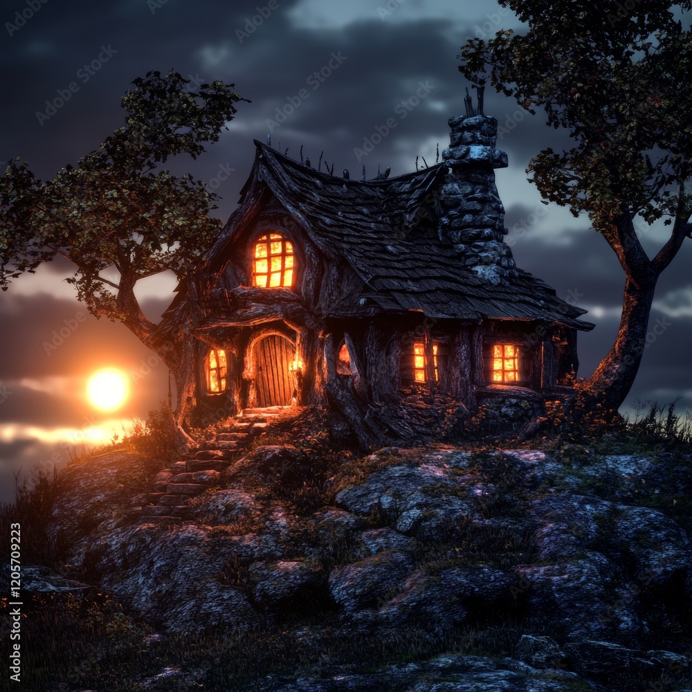 Fototapeta premium Illuminated Log Cottage on Hilltop at Sunset