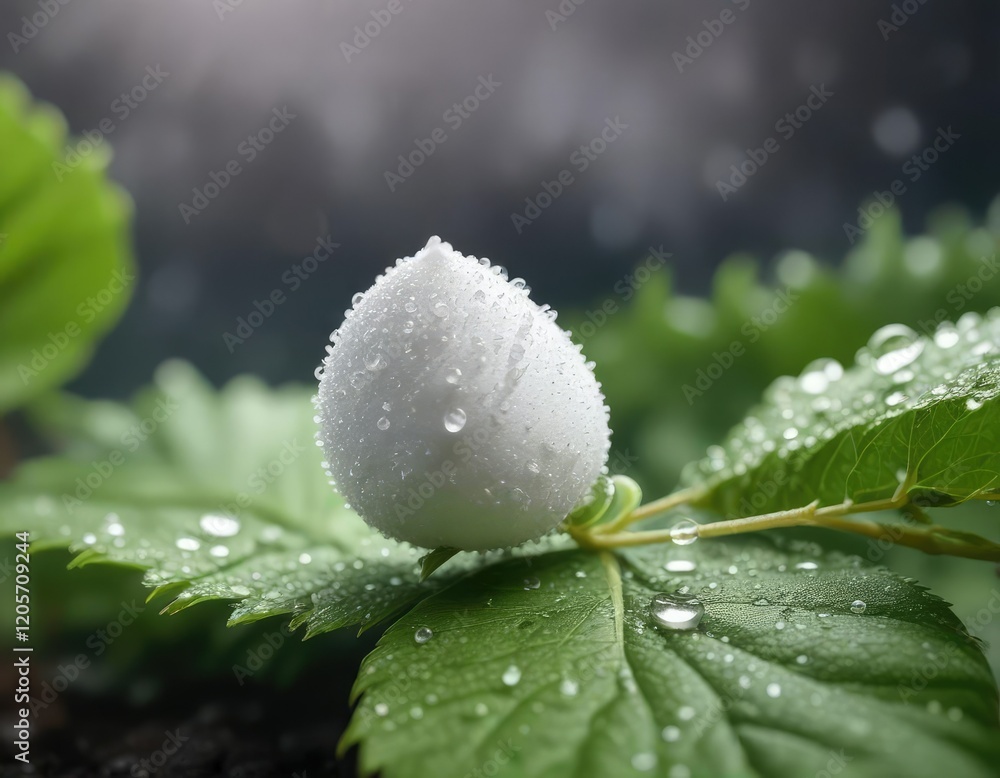 Fototapeta premium A miniature marshmallow perched on a leaf, with dew drops glistening on its surface, delicate, appetizing