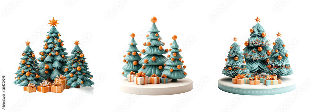 Naklejka premium Festive Pine Trees with Ornaments and Gifts Display
