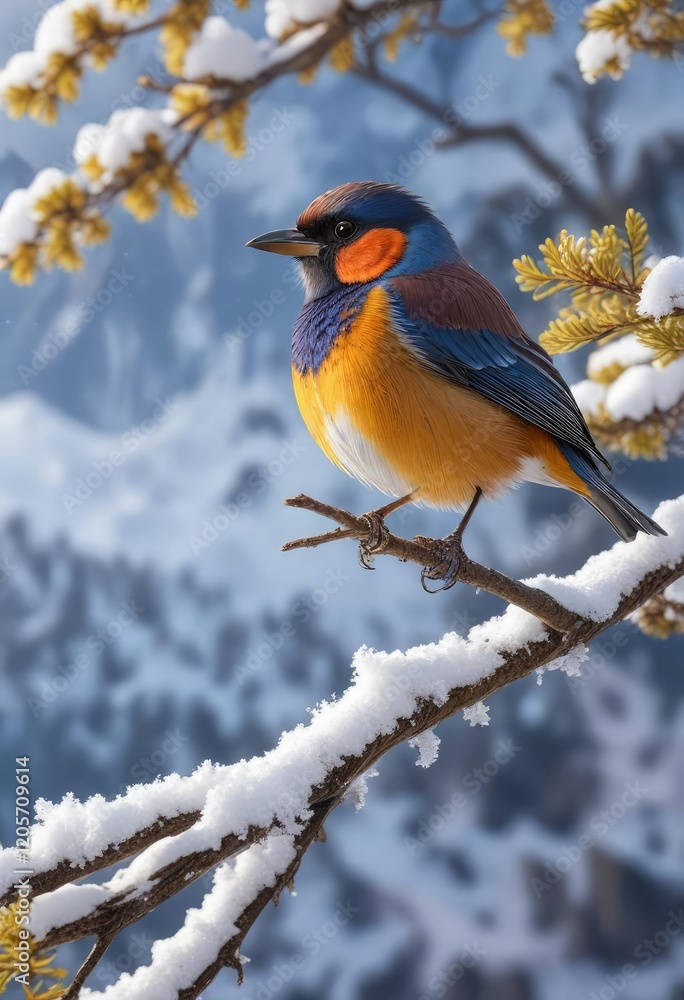 A mountain bird perched on a snow-covered branch of a tree in the Alps, nature, mountain, tree A mountain bird perched on a snow-covered branch of a tree in the Alps, nature, mountain, tree