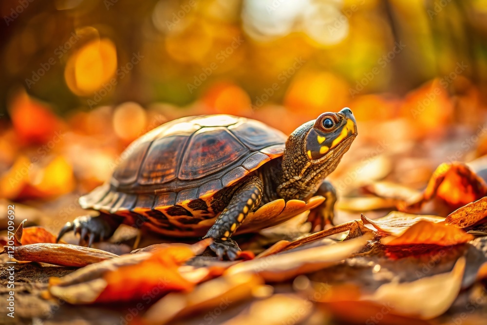 Adorable Turtle Crawling on Autumn Leaves - Wildlife Stock Photo Adorable Turtle Crawling on Autumn Leaves - Wildlife Stock Photo