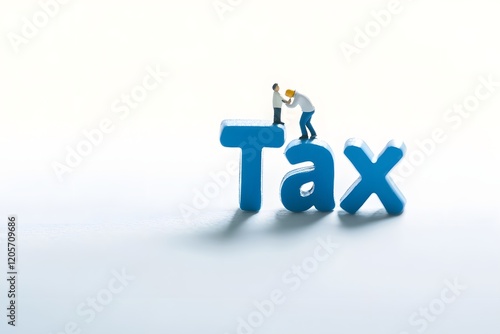 Tiny Person Struggling to Carry Massive Tax Word on White Background photo