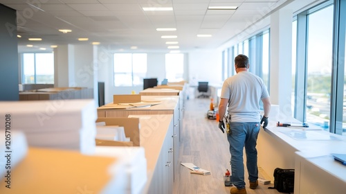 Carpenter Installing Custom Cabinets in Modern Office with Natural Lighting
