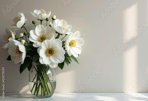 Wallpaper Mural White Anemones in Transparent Vase Muted Palette Photorealistic Neutral Background Soft Cinematic Lighting Minimalist Torontodigital.ca