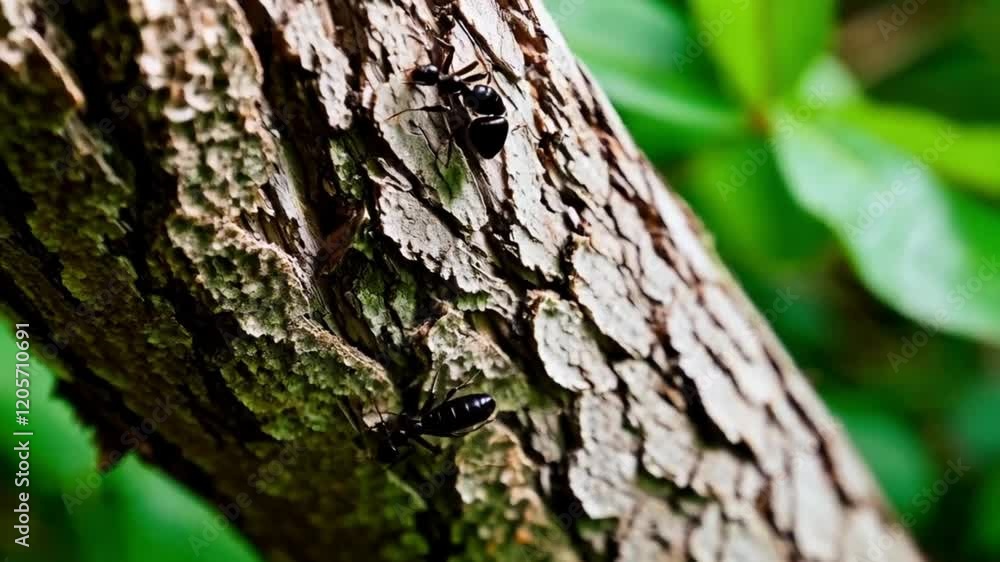 black ants walking on crack of tree trunk with blur green nature background. macro close up black ants walking on crack of tree trunk with blur green nature background. macro close up