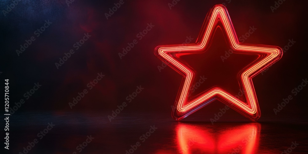 Fototapeta premium A bold neon star with rounded edges, glowing in fiery red, casting reflections on a glossy dark background