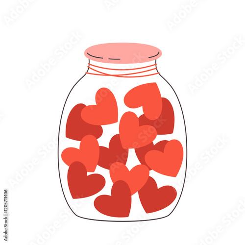 Doodle illustration of jar with red hearts. Love, charity, donation, volunteering concept. Valentines Day element design. Hand drawn vector illustration