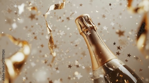 Golden Celebration Background with Champagne Bottle, Confetti Stars, and Party Streamers – Perfect for Christmas, Birthdays, or Weddings. Flat Lay Style.