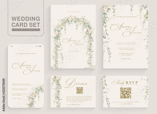 Set of Aesthetic Wedding Invitation Template with Watercolor Greenery Leaves and branch