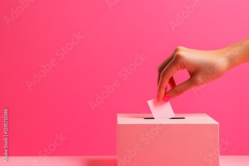 Voting Awareness A Hand Dropping a Ballot in the Box on a Minimalist Pink Background photo