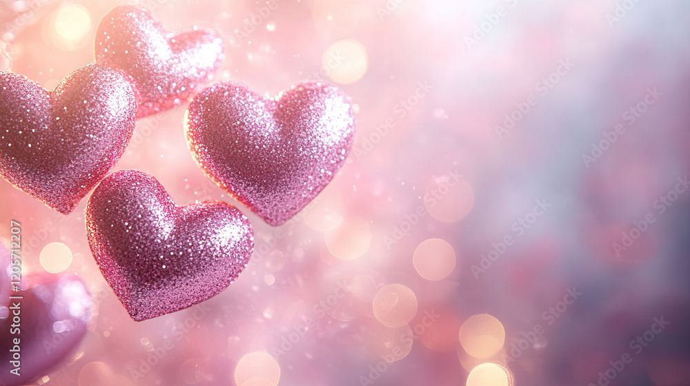 Fototapeta premium Sparkling Pink Hearts with Bokeh Background for Romantic Themes