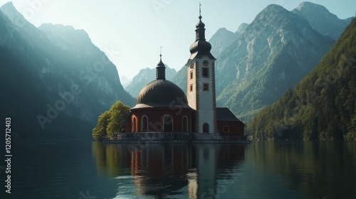 Scenic view of a church with a tower on an island surrounded by water and mountains in a tranquil setting