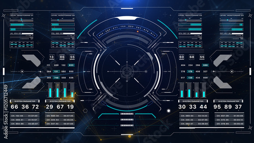 HUD Futuristic UI Control Interface Screen Panel Motion Background. Abstract Particle Organic Wave Floating Background In Hi Technology Future Frame Illustration.