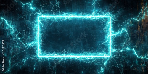 A glowing neon rectangle with an electric energy effect, edges flickering slightly like sparks, glowing in shades of cyan and magenta, centered on a dark grunge background with a digital texture