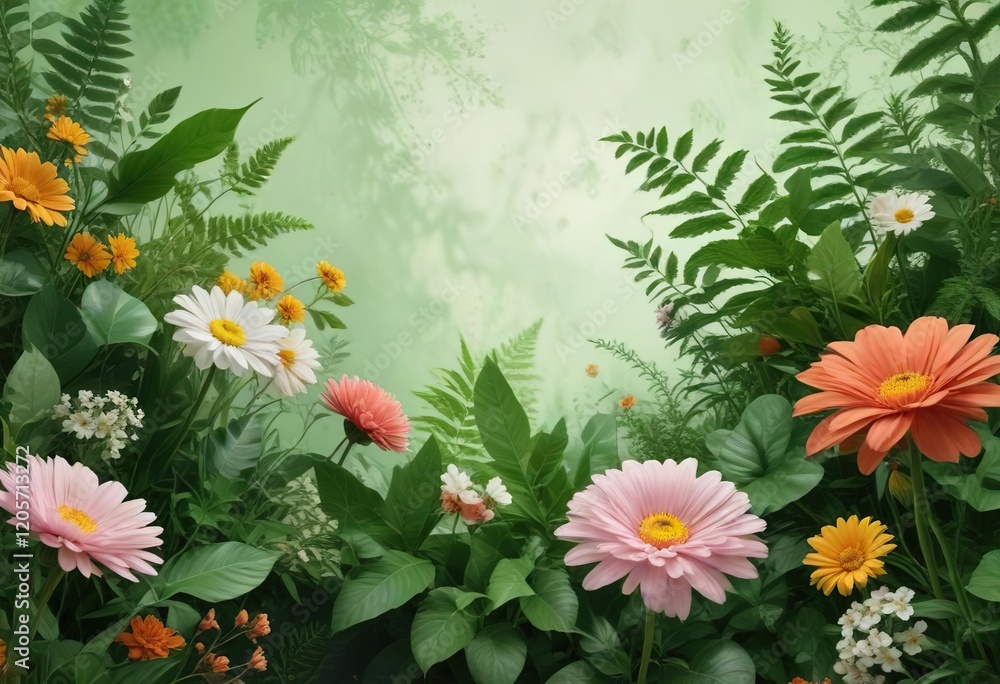 Abstract collage of fresh greenery and flowers set against a stunning abstract summer background with mixed media elements and textures, greenery, artistic. Abstract collage of fresh greenery and flowers set against a stunning abstract summer background with mixed media elements and textures, greenery, artistic.