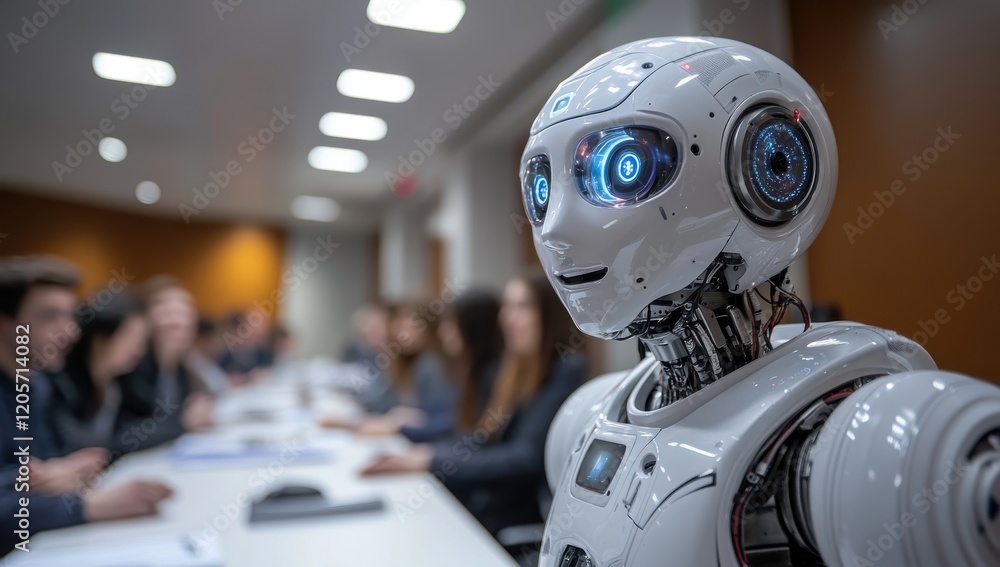 The Future of Business: A futuristic humanoid robot sits at the head of a conference table, gazing intently at the audience, hinting at a new era of automation and intelligent collaboration. The Future of Business: A futuristic humanoid robot sits at the head of a conference table, gazing intently at the audience, hinting at a new era of automation and intelligent collaboration.