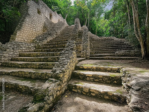 Ancient stone steps leading to the top of a Mayan structure amidst a dense forest photo