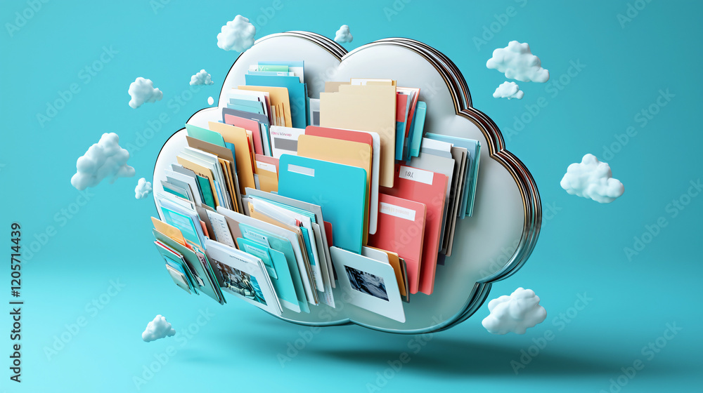 Fototapeta premium A cloud-shaped storage icon with floating digital files and folders, including photos and documents, moving into the cloud. 