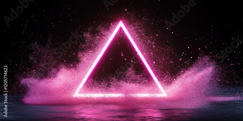 A hollow neon triangle glowing in vibrant pink, surrounded by soft glowing particles on a black canvas photo