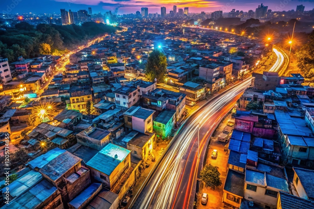 Obraz premium Aerial Long Exposure: Dharavi Slums & Mumbai Road - Asia's Largest
