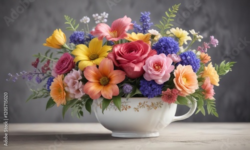 Wallpaper Mural Colorful watercolor bouquet with various flowers in a charming teacup, vibrant, bouquet, flowers Torontodigital.ca