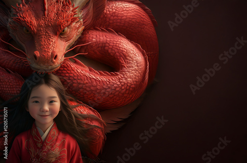 Jeune fille asiatique en tenue traditionnelle rouge avec un dragon rouge majestueux en arrière-plan, illustration culturelle et symbolique de la protection et de la vaillance photo