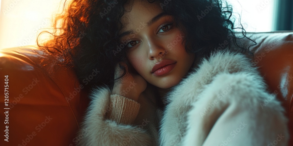 A young woman with curly hair sits thoughtfully on a cozy sofa. Soft lighting enhances her expression. This portrait exudes warmth and tranquility. Perfect for lifestyle themes. AI A young woman with curly hair sits thoughtfully on a cozy sofa. Soft lighting enhances her expression. This portrait exudes warmth and tranquility. Perfect for lifestyle themes. AI