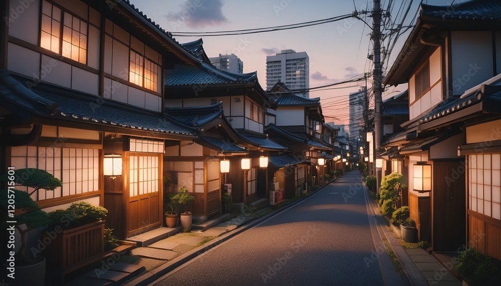 Evening Stroll Through a Tranquil Japanese Street: Illuminated Traditional Houses and Serene Atmosphere Evening Stroll Through a Tranquil Japanese Street: Illuminated Traditional Houses and Serene Atmosphere