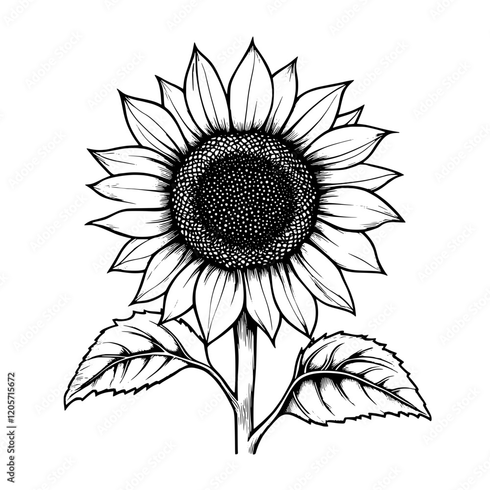 Fototapeta premium Detailed black and white illustration of a sunflower with textured petals and leaves set against a plain background. Generative AI