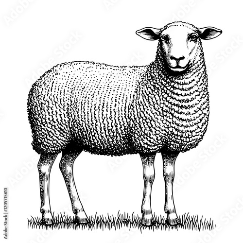 Sheep standing in a grassy field, showcasing detailed wool texture in black and white illustration style. Generative AI