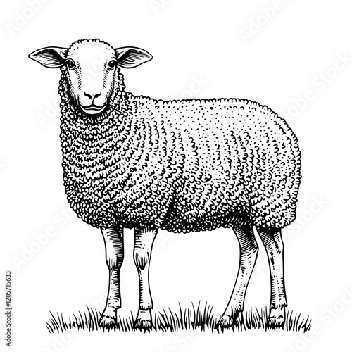 Detailed black and white illustration of a sheep standing on grass in a natural setting during daytime. Generative AI