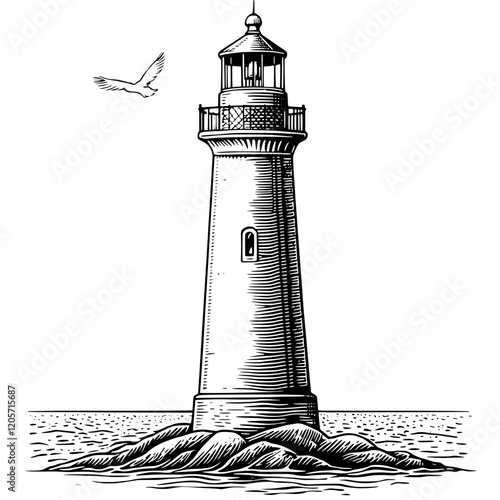 Lighthouse stands tall on rocky shoreline with seagull soaring above during calm sea day. Generative AI