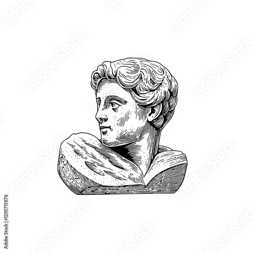 Classical sculpture of a young man with flowing hair and detailed features on a simple base. Generative AI