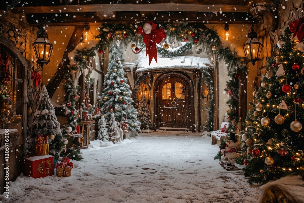 Fototapeta premium A festive winter scene featuring a Tudor house style charming pathway adorned with Christmas decorations, snow-covered ground, and beautifully decorated trees.