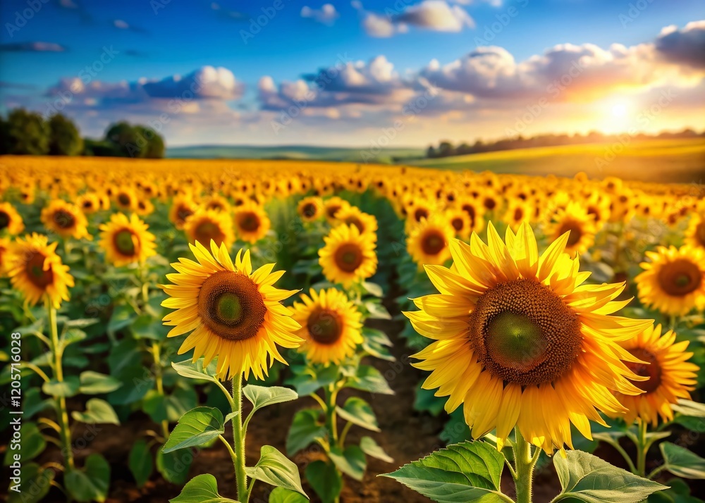 Fototapeta premium Aerial Tilt-Shift View: Sunlit Sunflower Field Rows, Sunny Day