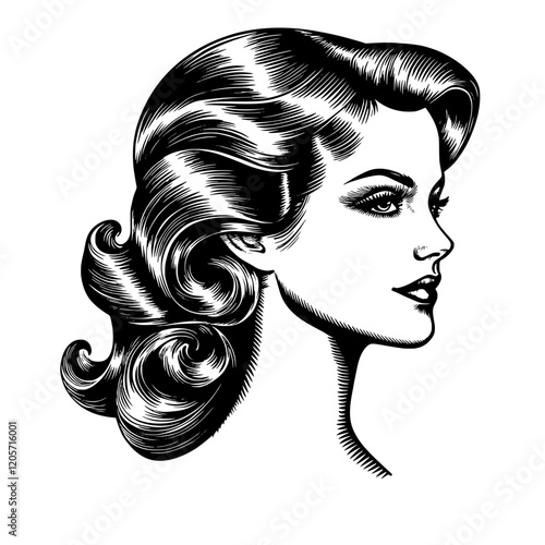 Vintage hairstyle illustration showcasing elegant side profile with glossy curls in classic black and white design. Generative AI